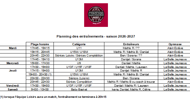 Saison 2026 - 2027 - Planning des entrainements