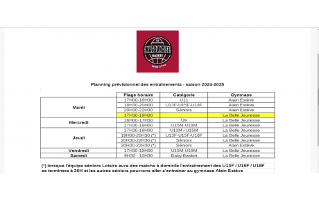 Rappel - planning des entraînements pour la saison 2024 - 2025