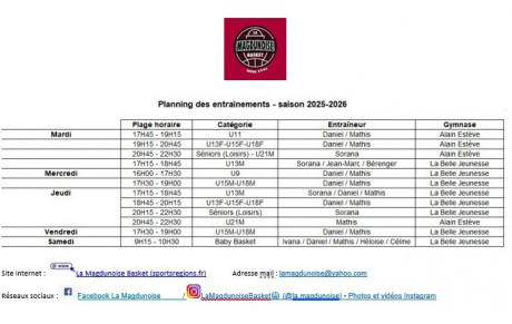 Saison 2025 - 2026 - Planning des entrainements